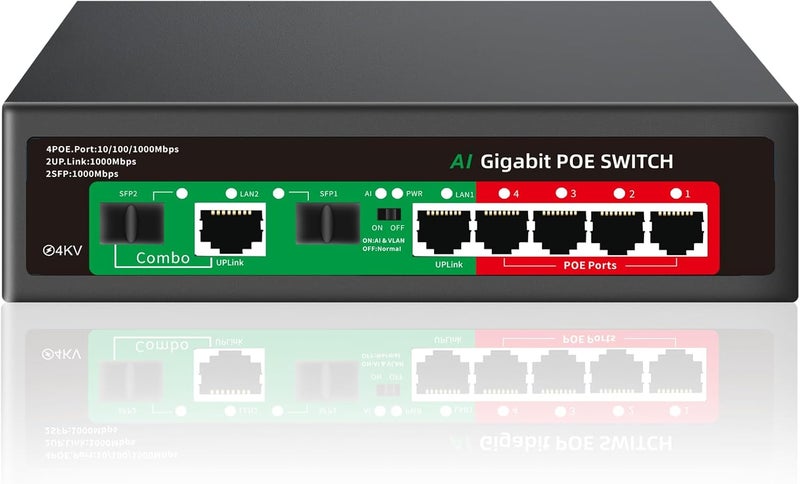 STEAMEMO 8 Port Gigabit Ethernet Unmanaged PoE Switch, 4 Gigabit PoE+ @65W Built-in Power, 2 Uplink Gigabit Port + 2 SFP Slot, VLAN Mode, 802.3af/at, Desktop/Wall-Mount, Plug & Play - Image 1